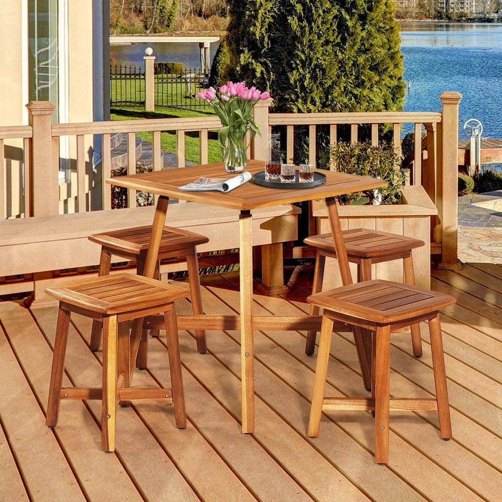 5 Piece Acacia Wood Patio Dining Furniture Set with 4 Stools T397