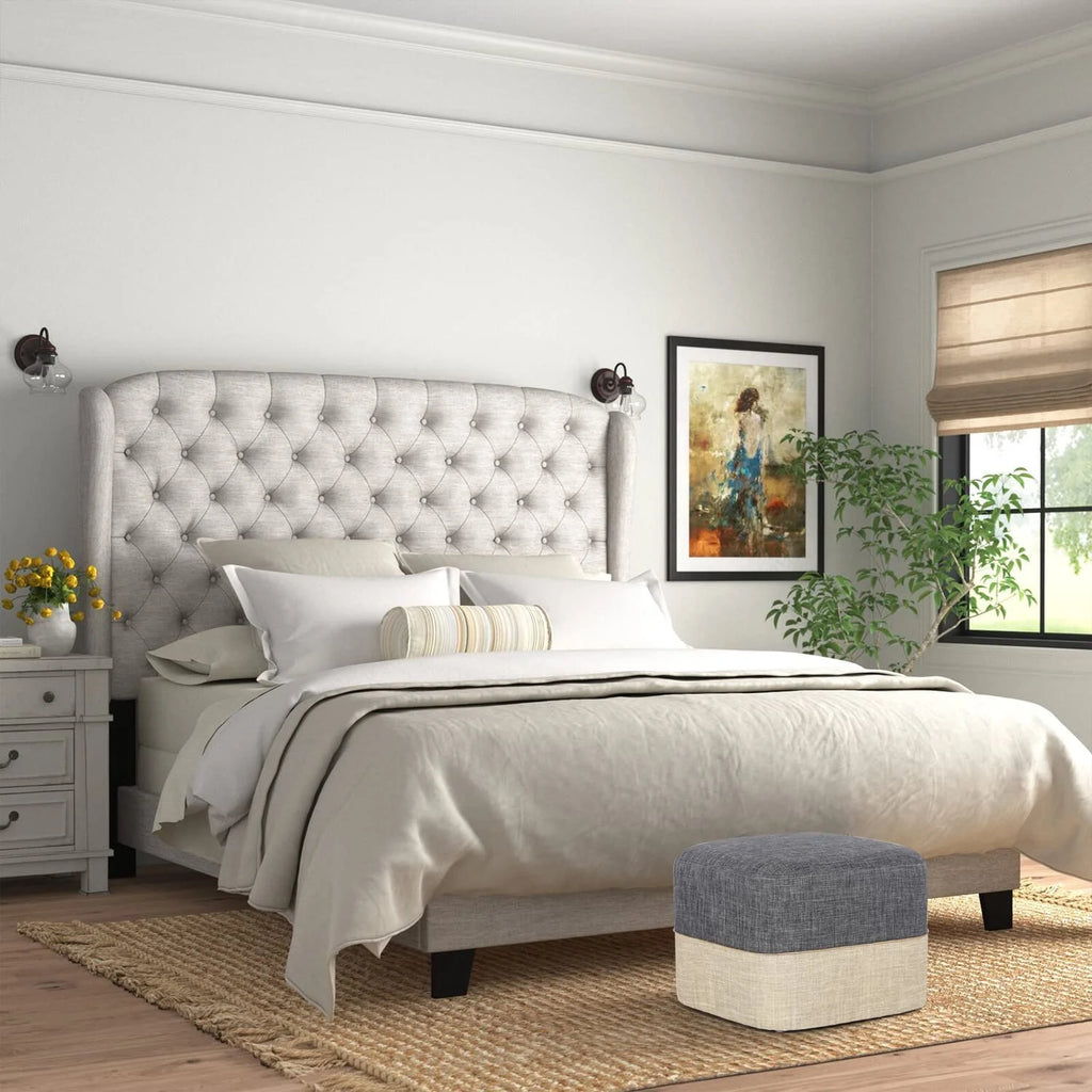 Linen Fabric Footstool Ottoman Dark Gray And Beige N7897