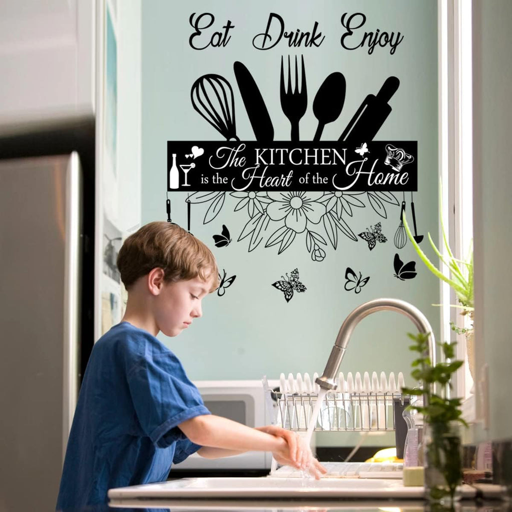 Wall Stickers Kitchen Quotes The Kitchen is The Heart of Home Sign Decor Word Saying Lettering Eat Drink Enjoy Wall Decals Removable DIY Vinyl Wall Art Sticker J3899