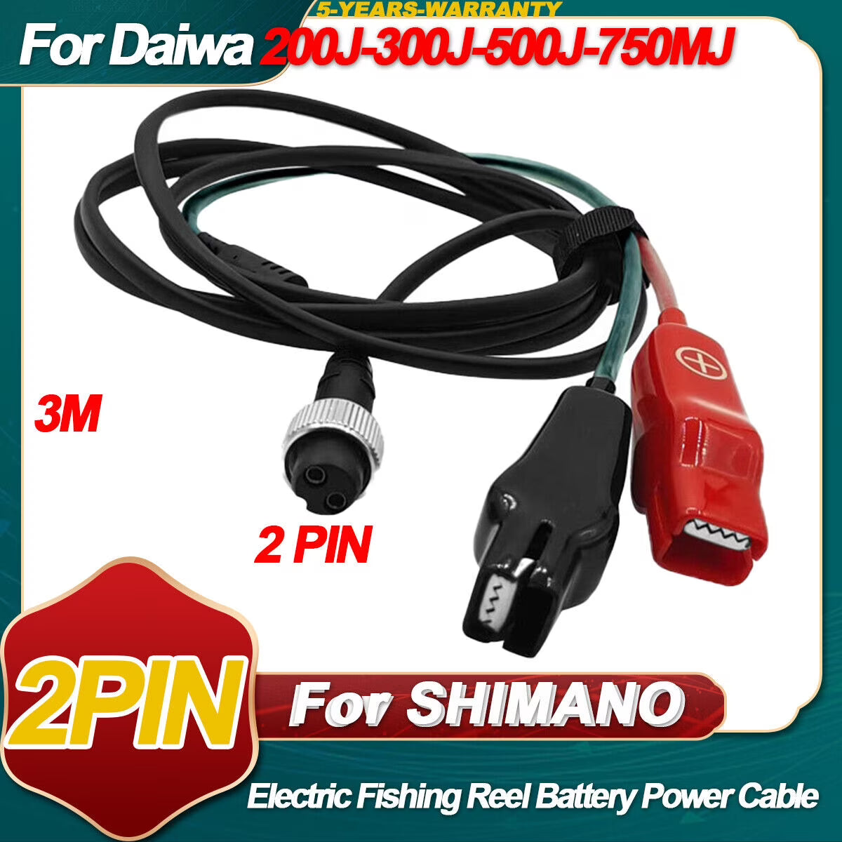 3.0M 2 Pin Electric Fishing Reel Battery Power Cord with Crocodile Clip Cable P247