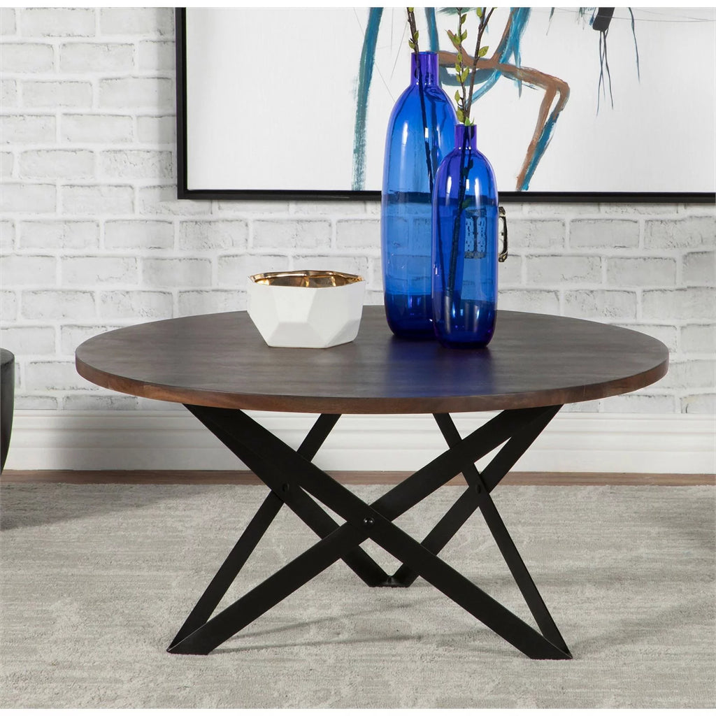 Wood Round Coffee Table with Intersecting Triangles Base Gray N799789