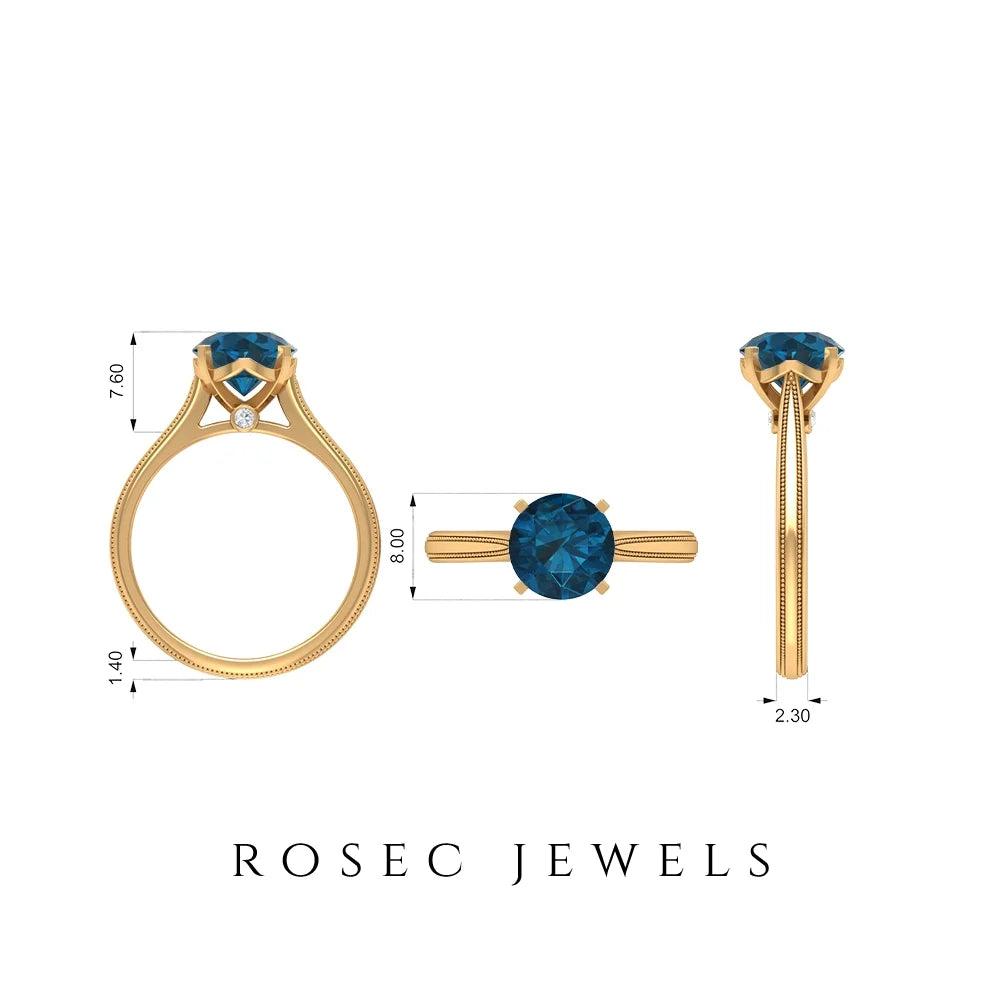 London Blue Topaz Ring with Surprise Diamond - 8 mm - 2 CT, 14K Yellow Gold, US 4.00 C176628