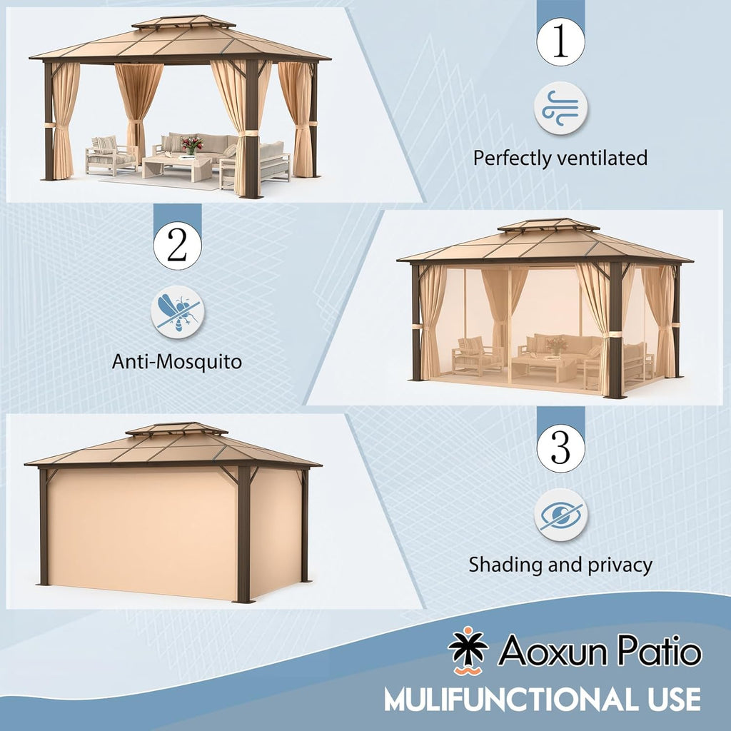 10x12FT Hardtop Gazebo, Aluminum Frame with Curtains and Netting, Polycarbonate Double Roof C1102