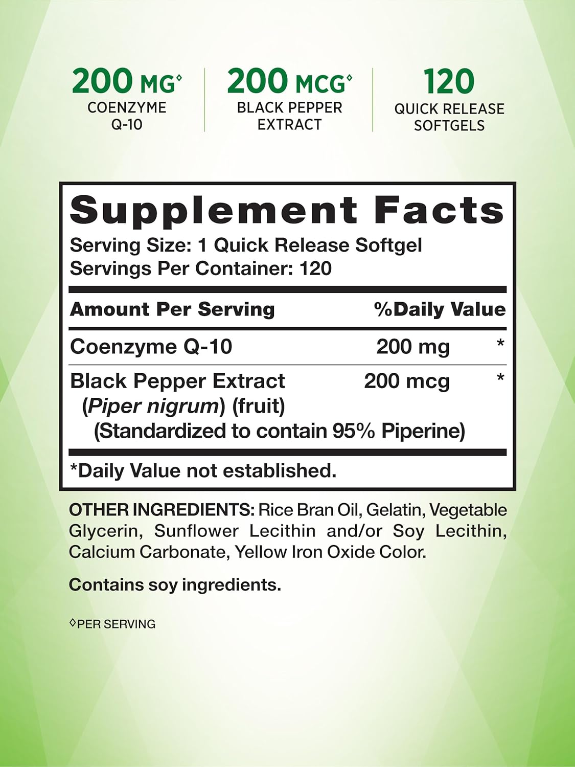 CoQ10 200mg 120 Softgels High Absorption Non-GMO Gluten Free Coenzyme Supplement with Black Pepper Extract T9892