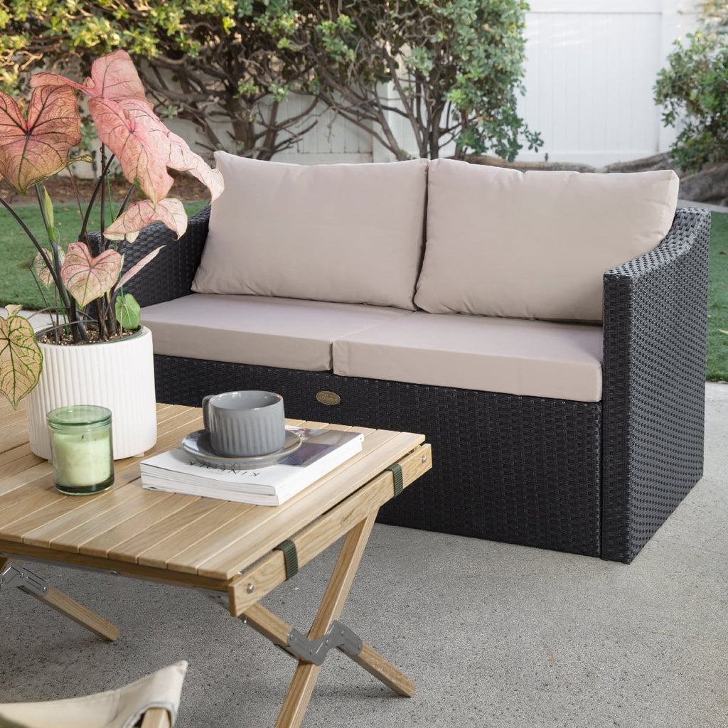 Black Wicker Rattan 2-Seater Patio Sofa with Cushions U6696