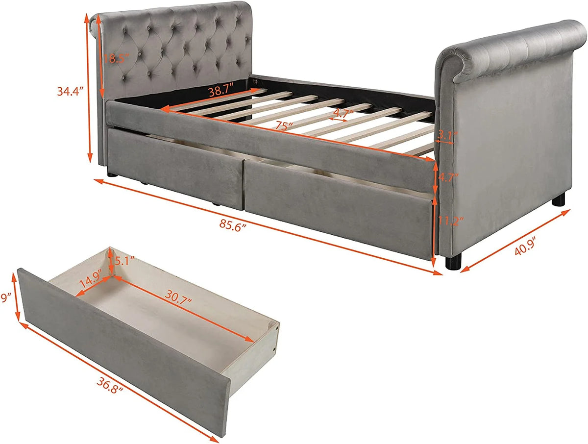 Grey Upholstered Daybed with Storage Drawers W482