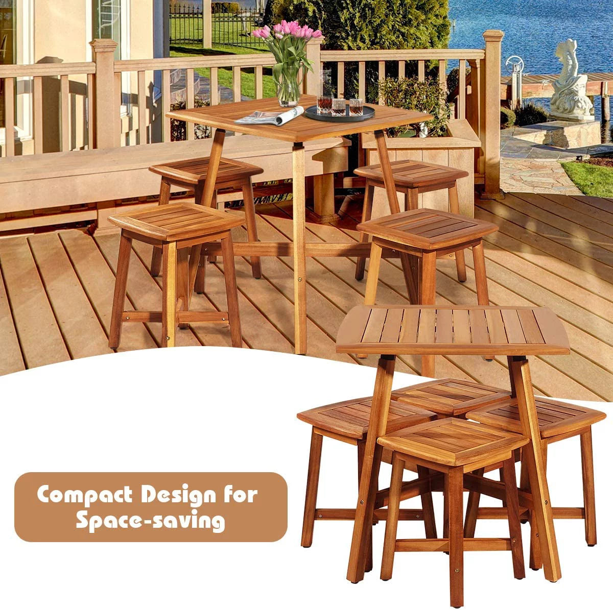 5 Piece Acacia Wood Patio Dining Furniture Set with 4 Stools T397