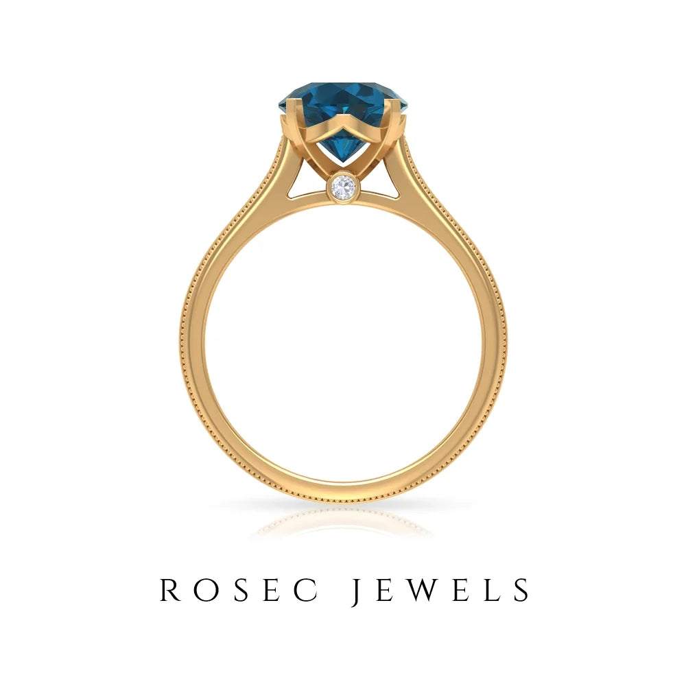 London Blue Topaz Ring with Surprise Diamond - 8 mm - 2 CT, 14K Yellow Gold, US 4.00 C176628