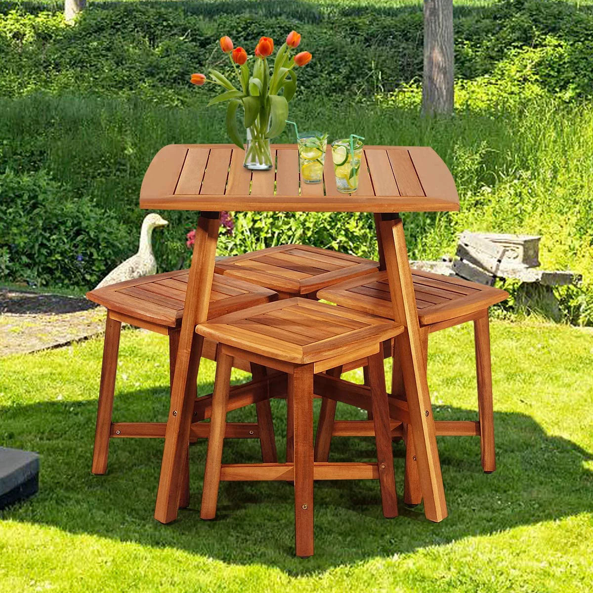 5 Piece Acacia Wood Patio Dining Furniture Set with 4 Stools T397