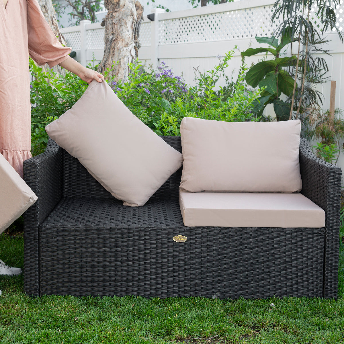 Black Wicker Rattan 2-Seater Patio Sofa with Cushions U6696