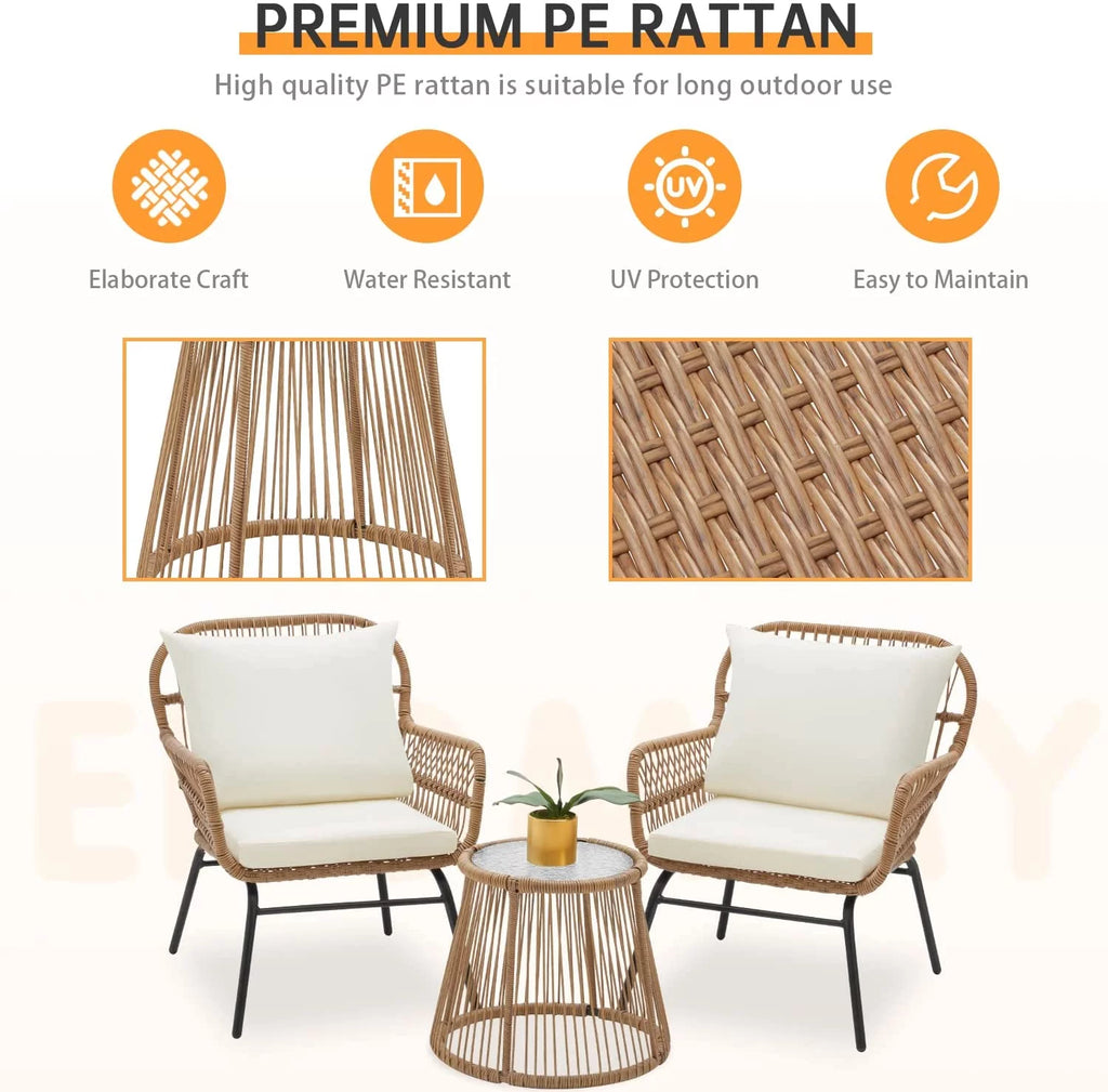 3 Pieces L-Shaped Wicker Sectional Set with Cushions and Glass Table W88020