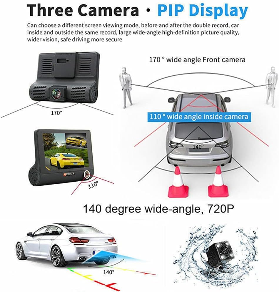 Dash Cam Front and Rear Dual 4 inch Dashboard Camera Full HD 170° Wide Angle with Night Vision J136