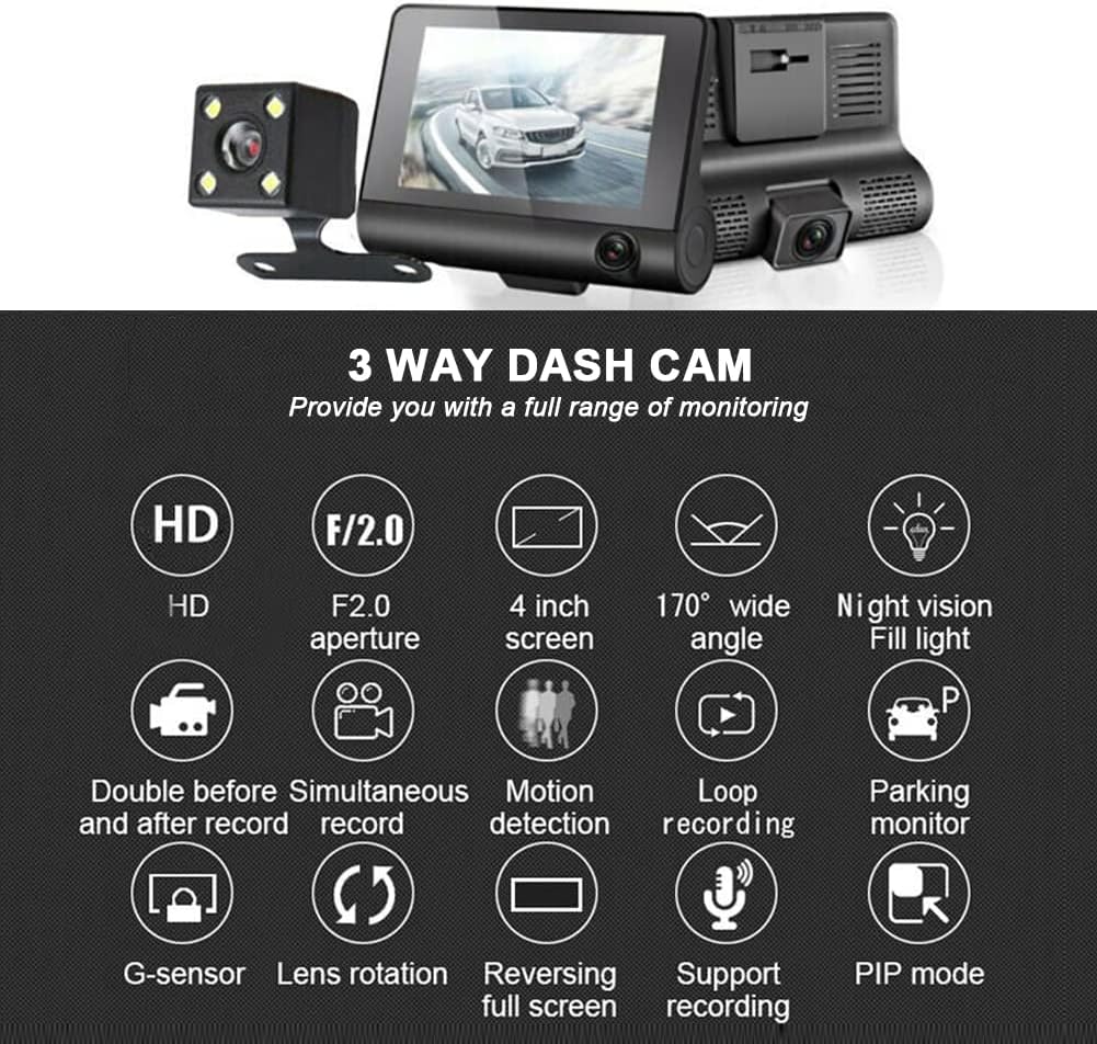 Dash Cam Front and Rear Dual 4 inch Dashboard Camera Full HD 170° Wide Angle with Night Vision J136