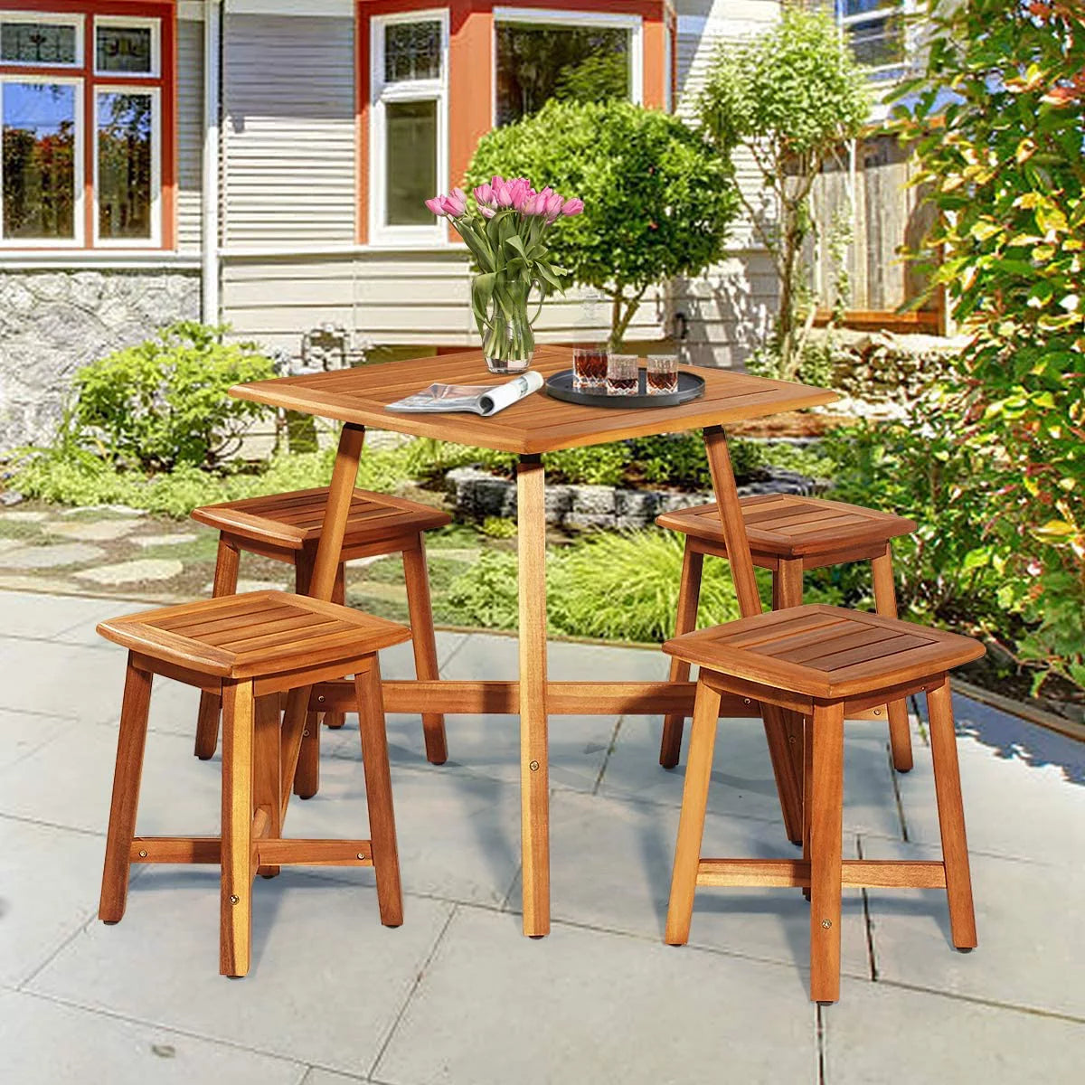 5 Piece Acacia Wood Patio Dining Furniture Set with 4 Stools T397