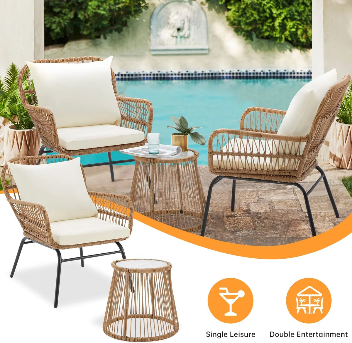 3 Pieces L-Shaped Wicker Sectional Set with Cushions and Glass Table W88020