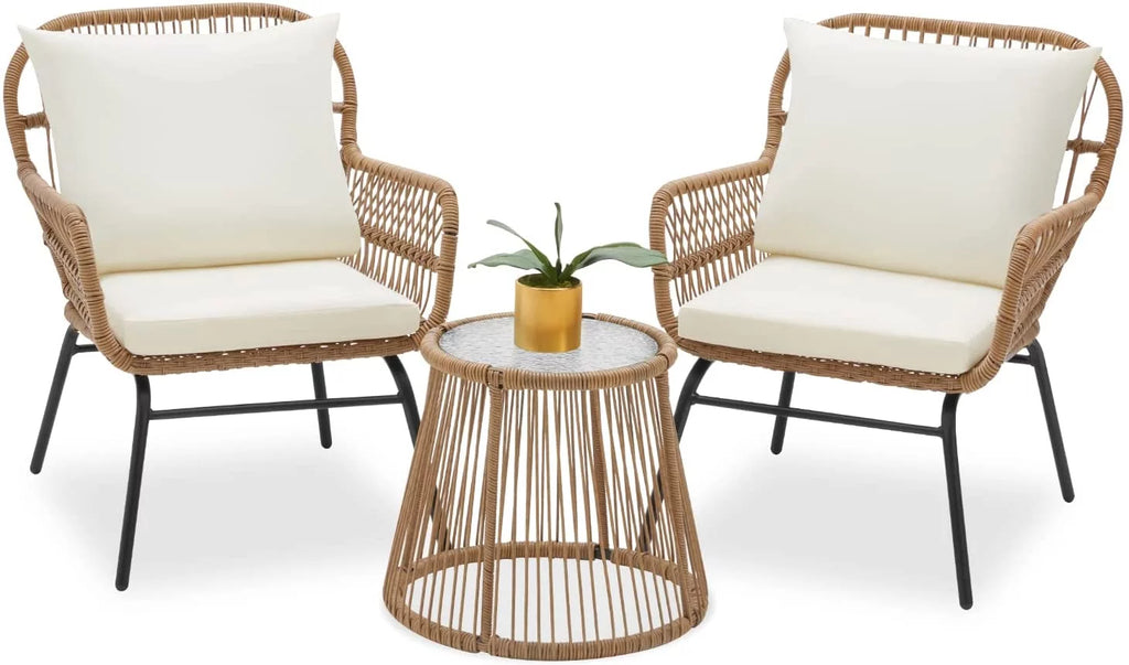 3 Pieces L-Shaped Wicker Sectional Set with Cushions and Glass Table W88020