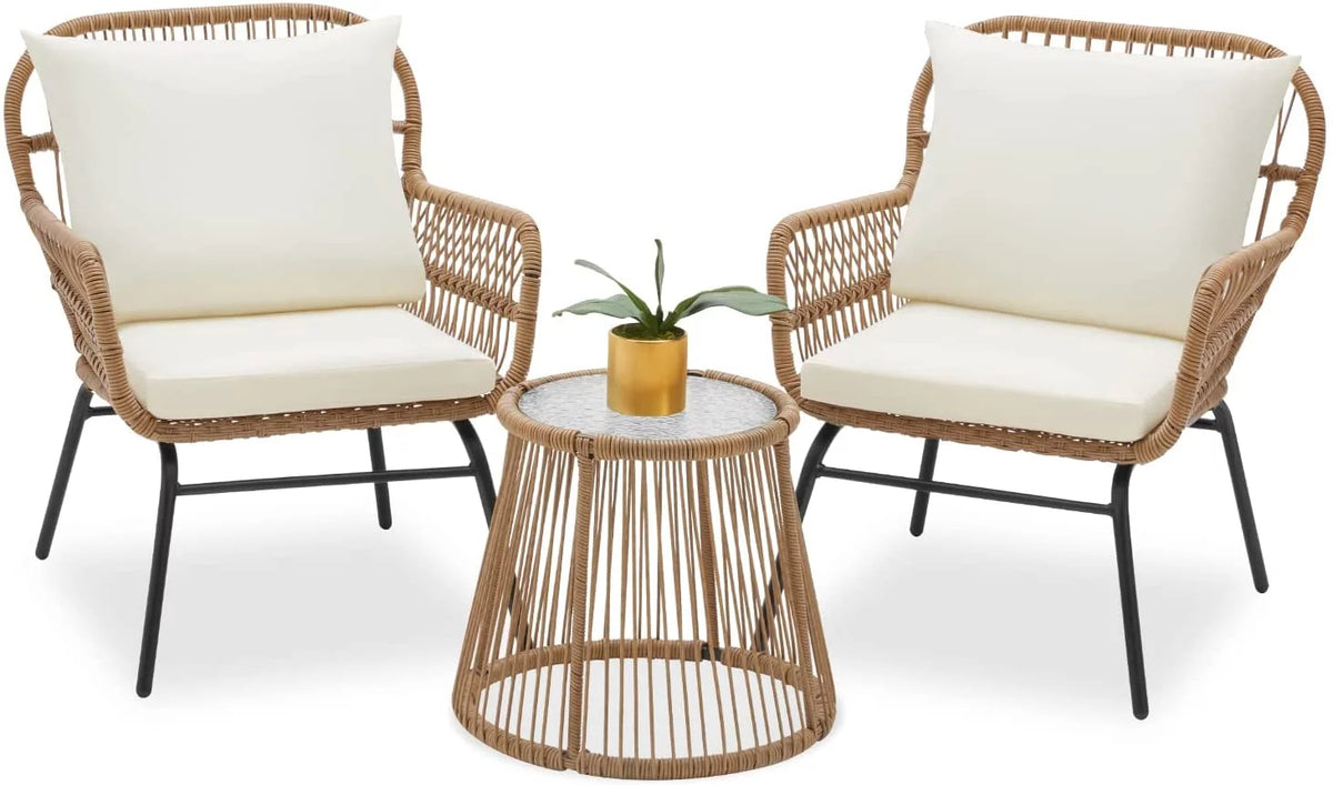 3 Pieces L-Shaped Wicker Sectional Set with Cushions and Glass Table W88020
