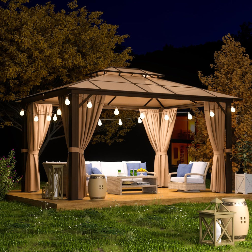 10x12FT Hardtop Gazebo, Aluminum Frame with Curtains and Netting, Polycarbonate Double Roof C1102