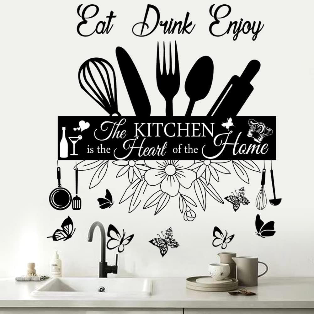 Wall Stickers Kitchen Quotes The Kitchen is The Heart of Home Sign Decor Word Saying Lettering Eat Drink Enjoy Wall Decals Removable DIY Vinyl Wall Art Sticker J3899