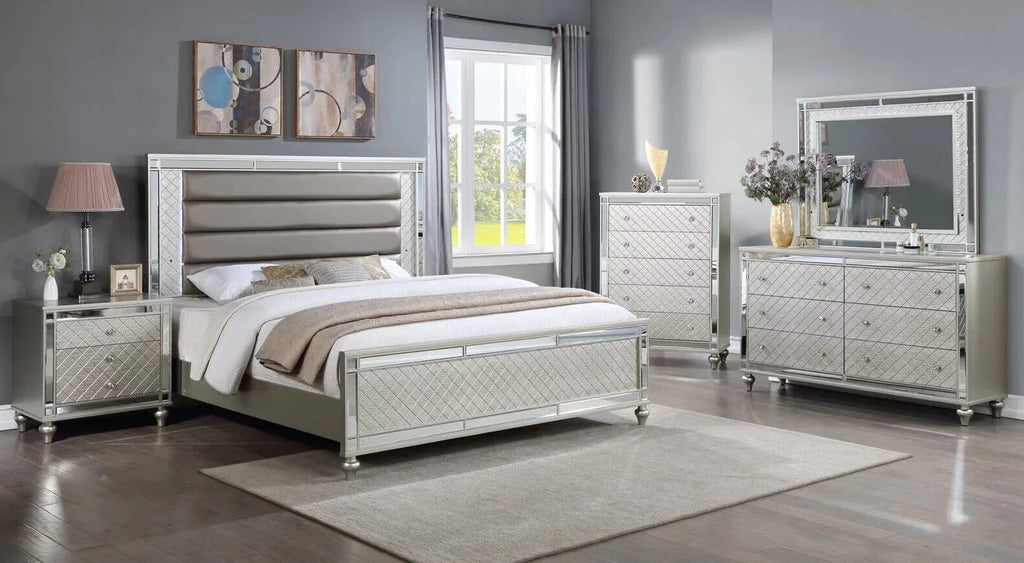 4pc King Size Upholstery LED Bed Dresser Mirror Nightstand Wooden Furniture Set V37843