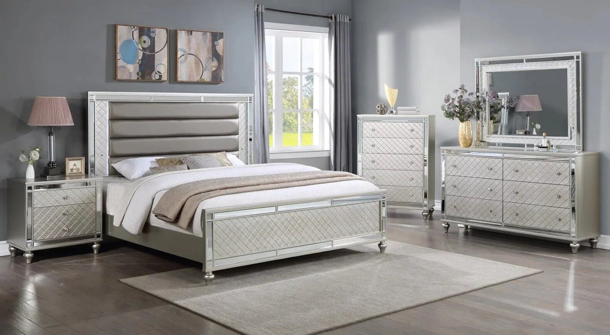 4pc King Size Upholstery LED Bed Dresser Mirror Nightstand Wooden Furniture Set V37843