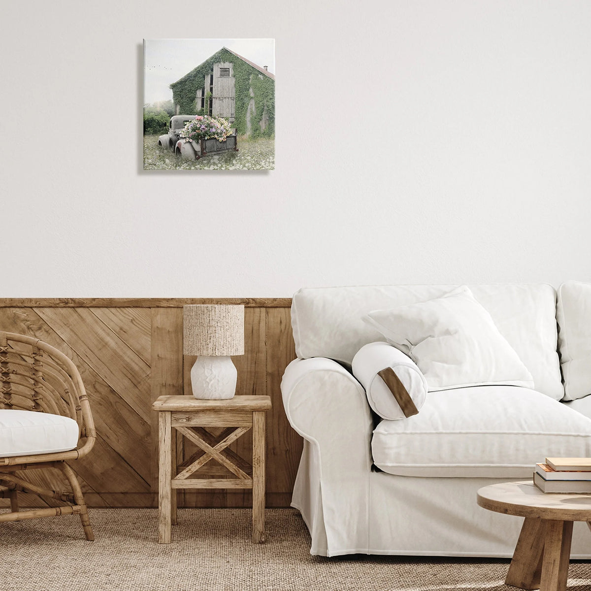 Magical Farmhouse Barn Green Vine Botanicals Flower Field, 24 x 24 Q73643