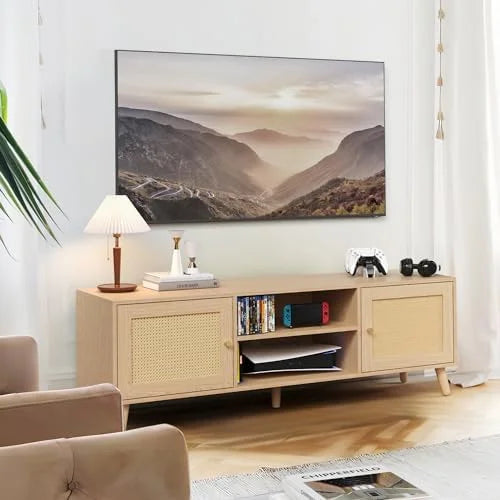 Oak TV Stand with Rattan Cabinet and Solid Wood Leg G1381