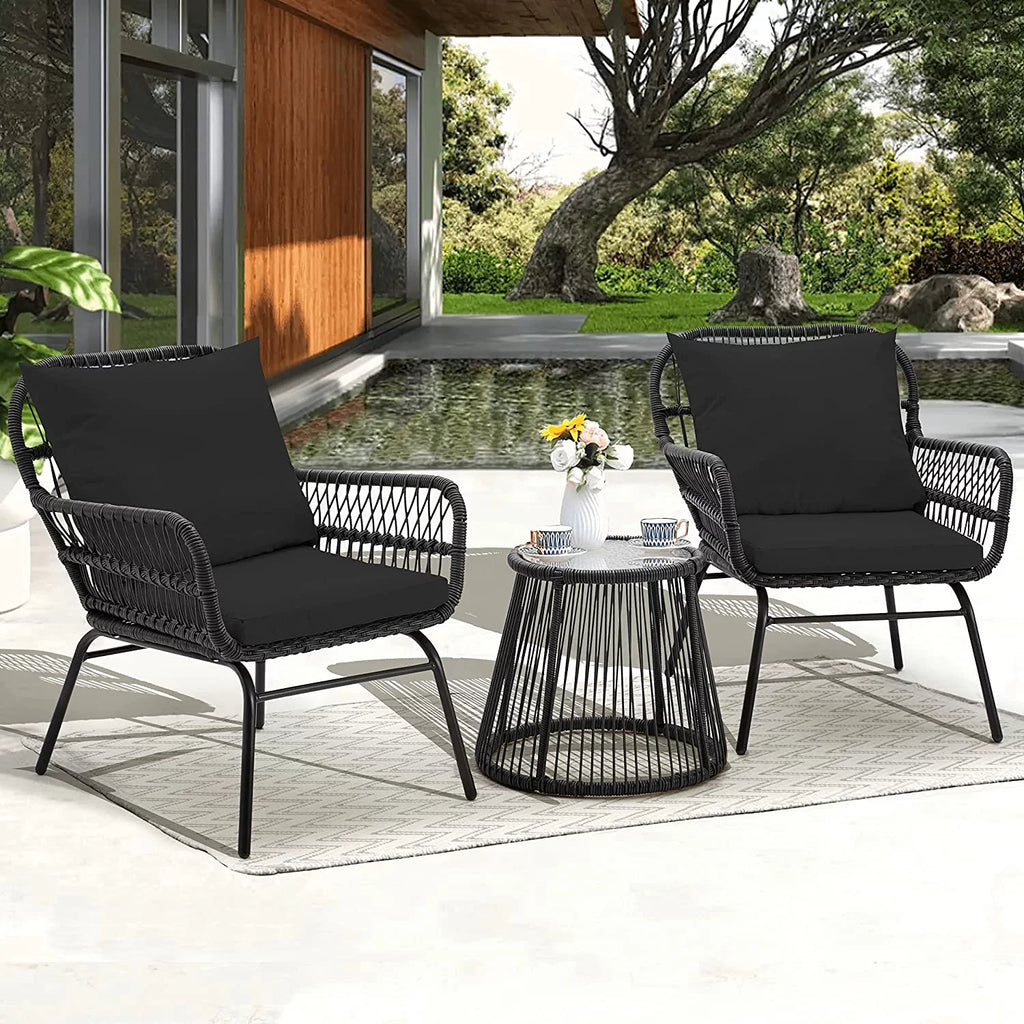 3 Pieces L-Shaped Wicker Sectional Set with Cushions and Glass Table W88020