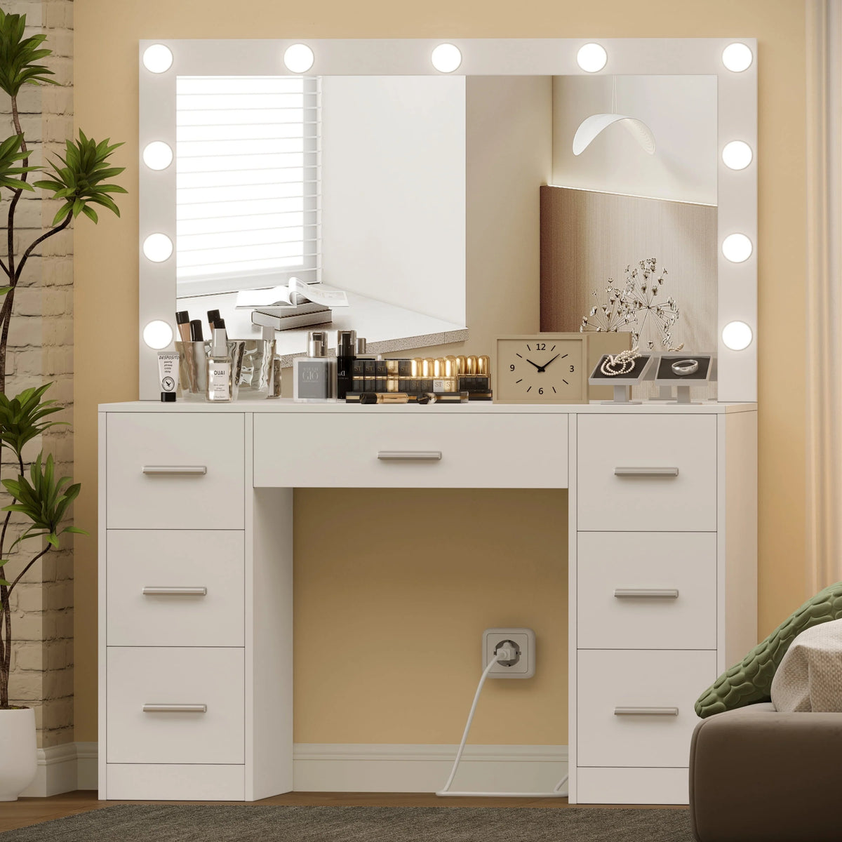 White Makeup Vanity Table with Mirror and 7 Drawer N44383