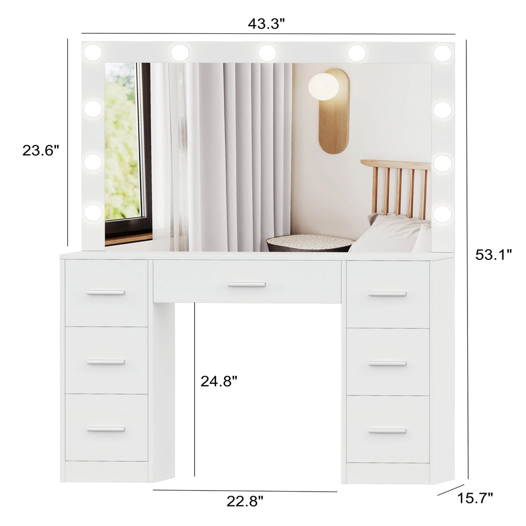 White Makeup Vanity Table with Mirror and 7 Drawer N44383