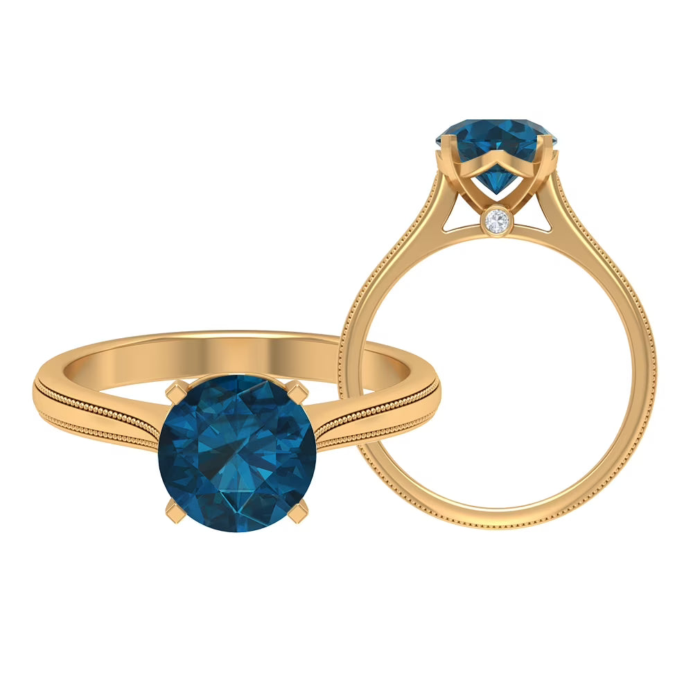 London Blue Topaz Ring with Surprise Diamond - 8 mm - 2 CT, 14K Yellow Gold, US 4.00 C176628