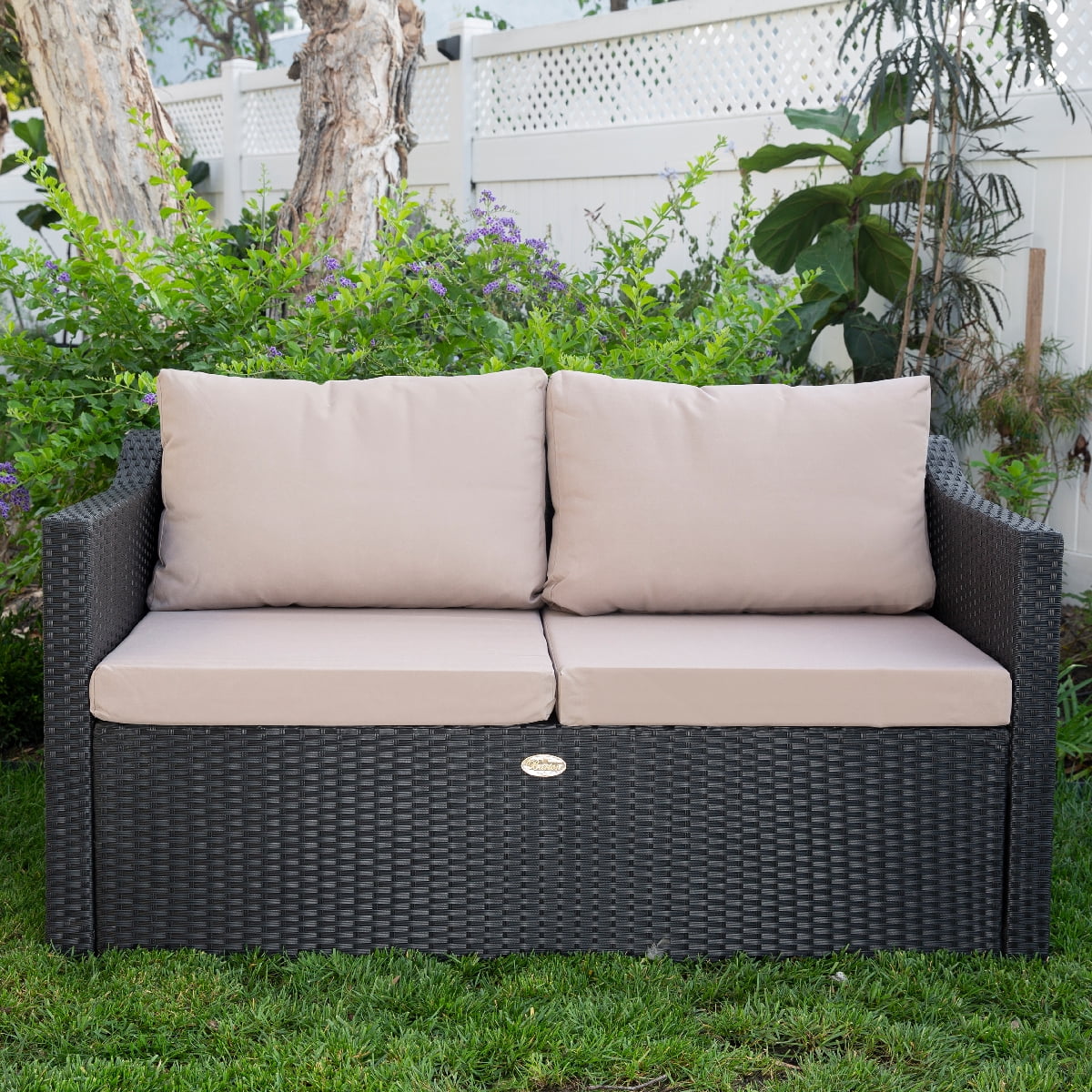 Black Wicker Rattan 2-Seater Patio Sofa with Cushions U6696
