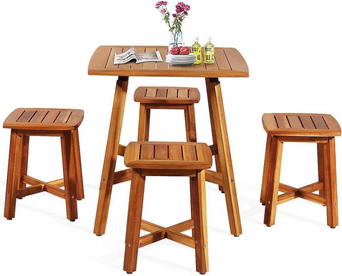 5 Piece Acacia Wood Patio Dining Furniture Set with 4 Stools T397